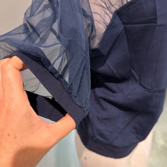 NWTElegant Navy Sheer Yoke High neck line puff sleeve super soft stretch bottom - Picture 5 of 8